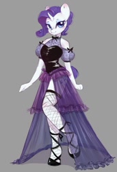 Size: 732x1070 | Tagged: safe, artist:melodylibris, derpibooru import, rarity, anthro, unguligrade anthro, unicorn, alternate hairstyle, clothes, dress, female, fishnet stockings, gray background, looking at you, mare, see-through, simple background, solo