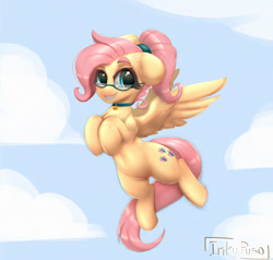 Size: 1500x1427 | Tagged: safe, artist:inkypuso, derpibooru import, fluttershy, pegasus, pony, alternate hairstyle, choker, cute, female, flying, freckles, freckleshy, glasses, grin, looking at you, mare, ponytail, shyabetes, smiling, smiling at you, solo