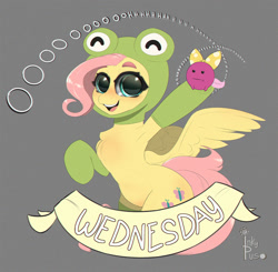 Size: 1000x980 | Tagged: safe, artist:inkypuso, derpibooru import, fluttershy, frog, pegasus, pony, amphibia, animal costume, chest fluff, clothes, costume, cute, female, frog costume, gray background, it is wednesday my dudes, looking at you, mare, meme, open mouth, open smile, shyabetes, simple background, smiling, smiling at you, solo