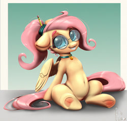 Size: 1000x952 | Tagged: safe, artist:inkypuso, derpibooru import, fluttershy, pegasus, pony, alternate hairstyle, belly button, braces, chest freckles, choker, cute, ears, female, floppy ears, freckles, freckleshy, frog (hoof), glasses, grin, looking at you, mare, nerd pony, pencil, ponytail, round glasses, shyabetes, sitting, smiling, smiling at you, solo, underhoof