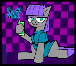 Size: 1272x1104 | Tagged: safe, artist:xxv4mp_g4z3rxx, derpibooru import, maud pie, earth pony, pony, checkered background, clothes, energy drink, eyeshadow, female, looking at you, makeup, mare, open mouth, signature, sitting, solo