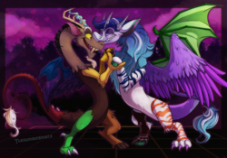 Size: 1280x898 | Tagged: safe, artist:turquoisephoenix, derpibooru import, discord, oc, draconequus, canon x oc, commission, commissioner:grandtheftchocobo, discord x draconequus oc, fangs, gay, holding hands, horn, male