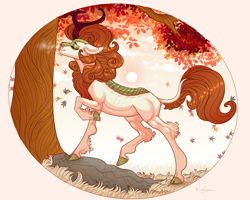 Size: 1280x1024 | Tagged: safe, artist:snowberry, derpibooru import, autumn blaze, kirin, pony, autumn, breath, cloud, cloven hooves, curly hair, ears, eyes closed, female, floppy ears, fluffy, grass, hock fluff, leaves, mare, outdoors, pose, raised hoof, raised leg, rock, scales, smiling, solo, sun, tree