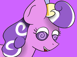 Size: 409x304 | Tagged: safe, artist:mackstack, derpibooru import, edit, screwball, earth pony, pony, cropped, explicit source, female, hat, mare, propeller hat, purple background, simple background, smiling, swirly eyes