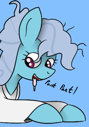 Size: 306x434 | Tagged: safe, artist:mackstack, derpibooru import, edit, screw loose, earth pony, pony, behaving like a dog, blue background, cropped, drool, explicit source, female, hospital gown, lying down, mare, messy mane, panting, prone, simple background, smiling, tongue, tongue out