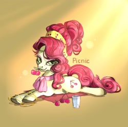 Size: 2000x1987 | Tagged: safe, artist:jellrus, derpibooru import, cherry jubilee, earth pony, pony, cherry, featured image, female, food, fruit, glass, looking at you, lying down, mare, mouth hold, prone, smiling, smiling at you, solo, sploot