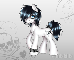 Size: 1700x1379 | Tagged: safe, artist:zeffdakilla, derpibooru import, oc, oc only, earth pony, pony, abstract background, black hair, blue eyes, bow, digital art, emo, simple background, skull, smiling, solo, standing, unnamed oc, white background, white fur, wristband