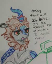 Size: 1726x2147 | Tagged: safe, artist:pony quarantine, derpibooru import, oc, oc only, kirin, cash register, crayon drawing, dialogue, kirin oc, traditional art