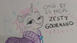 Size: 2122x1201 | Tagged: safe, artist:pony quarantine, derpibooru import, zesty gourmand, pony, unicorn, bust, crayon drawing, female, grin, looking at you, mare, smiling, smiling at you, solo, text, traditional art