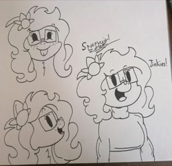 Size: 1554x1500 | Tagged: safe, artist:spoopygirl, derpibooru import, oc, oc:alice, pony, :p, clothes, female, glasses, sweater, tongue, tongue out, traditional art, velma dinkley