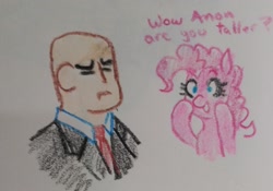 Size: 2140x1495 | Tagged: safe, artist:pony quarantine, derpibooru import, pinkie pie, oc, oc:anon, earth pony, human, pony, agent 47, crayon drawing, crossover, dialogue, disguise, duo, female, hitman, male, mare, traditional art