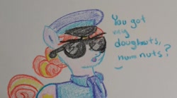 Size: 1024x569 | Tagged: safe, artist:pony quarantine, derpibooru import, copper top, earth pony, pony, crayon drawing, female, mare, police, police officer, sunglasses, talking to viewer, traditional art