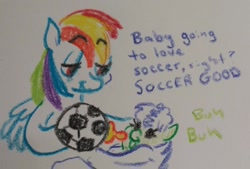 Size: 1130x764 | Tagged: safe, artist:pony quarantine, derpibooru import, rainbow dash, oc, pegasus, pony, baby, baby bottle, baby pony, crayon drawing, dialogue, duo, eyebrows, eyebrows visible through hair, female, filly, foal, football, lidded eyes, mare, sports, traditional art