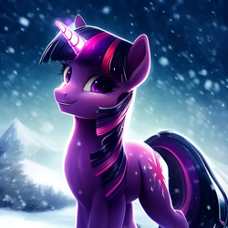 Size: 1024x1024 | Tagged: safe, derpibooru import, generator:purplesmart.ai, generator:stable diffusion, machine learning generated, twilight sparkle, unicorn twilight, pony, unicorn, female, glowing, glowing horn, horn, looking at you, mare, mountain, smiling, smiling at you, snow, snowfall, solo