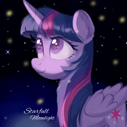 Size: 768x768 | Tagged: safe, artist:starfallmoonlight, derpibooru import, twilight sparkle, twilight sparkle (alicorn), alicorn, firefly (insect), insect, pony, female, looking up, mare, stars