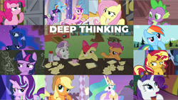 Size: 1978x1114 | Tagged: safe, derpibooru import, apple bloom, applejack, fluttershy, pinkie pie, princess cadance, princess celestia, princess luna, rainbow dash, rarity, scootaloo, spike, starlight glimmer, sunset shimmer, sweetie belle, twilight sparkle, twilight sparkle (alicorn), unicorn twilight, alicorn, unicorn, a friend in deed, celestial advice, discordant harmony, equestria girls, games ponies play, may the best pet win, mirror magic, ponyville confidential, sleepless in ponyville, sparkle's seven, spice up your life, suited for success, sweet and smoky, to where and back again, spoiler:eqg specials, bag, chalkboard, cutie mark crusaders, mane six, saddle bag, twilight's castle