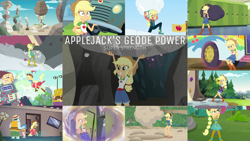 Size: 1972x1110 | Tagged: safe, derpibooru import, edit, edited screencap, editor:quoterific, screencap, applejack, better together, cheer you on, driving miss shimmer, equestria girls, holidays unwrapped, legend of everfree, spring breakdown, super squad goals, geode of super strength, magical geodes, saving pinkie's pie, winter break-in