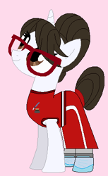 Size: 273x447 | Tagged: safe, artist:matthewjabeznazarioa, derpibooru import, raven, unicorn, aide, base used, clothes, female, glasses, hair bun, looking up, mare, martial arts, martial arts kids outfit, martial arts kids outfits, pink background, shoes, simple background, smiling, training