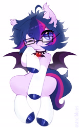 Size: 1280x2074 | Tagged: safe, artist:astralblues, derpibooru import, oc, bat pony, pony, choker, female, glasses, mare, not twilight sparkle, simple background, solo, spiked choker, white background