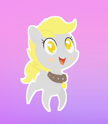 Size: 936x1080 | Tagged: safe, alternate version, artist:happy harvey, derpibooru import, derpy hooves, pegasus, age regression, blushing, character swap, chibi, collar, colored pupils, cute, drawn on phone, female, filly, foal, gradient background, looking up, name tag, open mouth, pet, slave, smiling