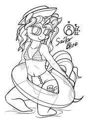 Size: 1072x1500 | Tagged: safe, artist:sepiakeys, derpibooru import, oc, oc:blue giggles, anthro, unicorn, crossdressing, inner tube, male, monochrome, solo, traditional art