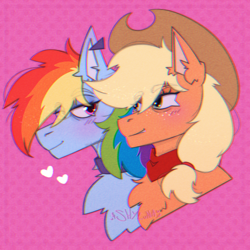 Size: 1280x1281 | Tagged: safe, artist:shylunaart, derpibooru import, applejack, rainbow dash, earth pony, pegasus, appledash, bust, chest fluff, ear fluff, ear piercing, ears, female, heart, lesbian, looking at each other, looking at someone, neckerchief, piercing, shipping