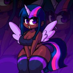 Size: 1800x1800 | Tagged: safe, artist:rainbrony, derpibooru import, twilight sparkle, twilight sparkle (alicorn), alicorn, human, breasts, chubby, clothes, dark skin, headlight sparkle, horn, horned humanization, humanized, looking at you, mole, open mouth, plump, socks, spread wings, thigh highs, thighlight sparkle, thunder thighs, underwear, winged humanization, wings, zoom layer