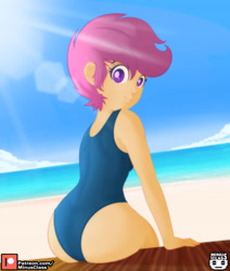 Size: 2976x3507 | Tagged: safe, artist:minusclass, derpibooru import, scootaloo, human, equestria girls, ass, beach, butt, clothes, cloud, crepuscular rays, female, high res, lens flare, looking at you, looking back, looking back at you, one-piece swimsuit, patreon, patreon logo, sand, scootabutt, solo, summer, swimsuit, water