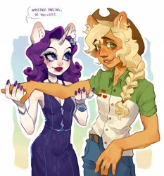 Size: 1908x2048 | Tagged: safe, artist:p0nyplanet, derpibooru import, applejack, rarity, anthro, human, equestria girls, admiration, blushing, bracelet, breasts, cleavage, clothes, denim, dialogue, dress, ear fluff, eared humanization, ears, eyeshadow, female, holding, horn, horned humanization, humanized, jeans, jewelry, lesbian, lipstick, makeup, nail polish, necklace, pants, rarijack, shipping, shirt