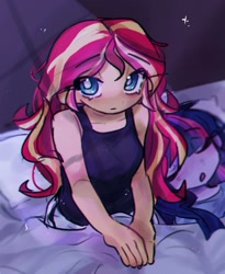 Size: 1015x1237 | Tagged: safe, artist:ulee_7, derpibooru import, sci-twi, sunset shimmer, twilight sparkle, equestria girls, bed, clothes, female, lesbian, messy mane, pajamas, scitwishimmer, shipping, sitting, sleeping, sunsetsparkle, tanktop