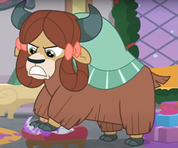 Size: 797x665 | Tagged: safe, derpibooru import, screencap, yona, yak, the hearth's warming club, angry, bow, cloven hooves, cropped, female, gritted teeth, hair bow, monkey swings, solo, teeth