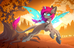 Size: 3281x2160 | Tagged: safe, artist:strafe blitz, derpibooru import, oc, oc only, changeling, changeling oc, leaves, solo, tree