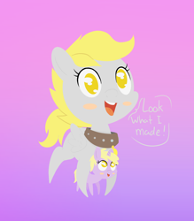 Size: 946x1080 | Tagged: safe, artist:happy harvey, derpibooru import, derpy hooves, dinky hooves, pegasus, pony, unicorn, blushing, chibi, collar, colored pupils, cute, dialogue, drawn on phone, female, filly, foal, gradient background, happy, looking up, mare, mother and child, mother and daughter, open mouth, parent and child, pet, slave, slave collar, smiling, smol