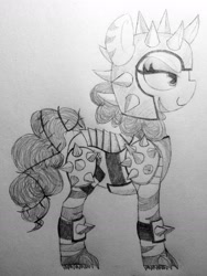 Size: 1518x2020 | Tagged: safe, artist:anonymous, derpibooru import, oc, oc only, oc:rampage, earth pony, pony, fallout equestria, fallout equestria: project horizons, barbed wire, fanfic art, lidded eyes, smiling, smirk, solo, spiked armor