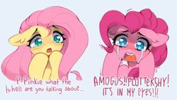 Size: 2560x1453 | Tagged: safe, artist:astralblues, derpibooru import, fluttershy, pinkie pie, earth pony, pegasus, pony, amogus eyes, among us, crying, female, mare, meme, ponified, ponified meme