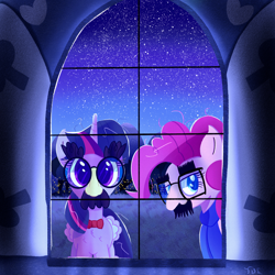 Size: 3000x3000 | Tagged: safe, artist:thebigstuff89, derpibooru import, pinkie pie, twilight sparkle, earth pony, pony, unicorn, disguise, facial hair, glasses, groucho mask, looking at you, moustache, night