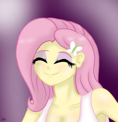 Size: 1280x1321 | Tagged: safe, artist:lennondash, derpibooru import, fluttershy, equestria girls, breasts, bust, butterfly hairpin, cleavage, clothes, eyelashes, eyes closed, eyeshadow, female, makeup, simple background, smiling, solo, tanktop