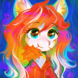 Size: 1500x1500 | Tagged: safe, artist:dearmary, derpibooru import, oc, oc only, oc:making amends, pony, abstract background, bust, clothes, ear fluff, ears, female, hoodie, leaf, mare, mouth hold, portrait, solo