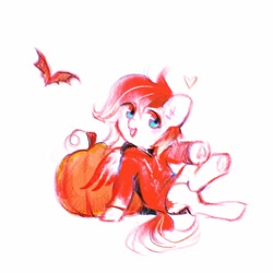 Size: 1500x1500 | Tagged: safe, artist:dearmary, derpibooru import, oc, oc:making amends, bat, pony, clothes, female, hoodie, mare, open mouth, open smile, pumpkin, simple background, sitting, smiling, solo, white background