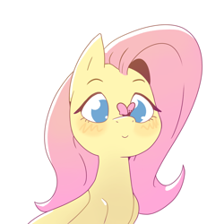 Size: 1000x1000 | Tagged: safe, artist:exagono16, derpibooru import, fluttershy, butterfly, pegasus, pony, blushing, bust, butterfly on nose, cross-eyed, cute, female, folded wings, insect on nose, looking at something, mare, no pupils, shyabetes, simple background, smiling, solo, white background, wings