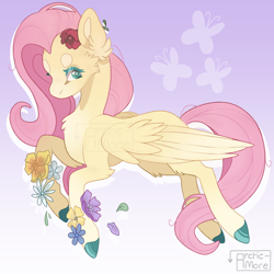 Size: 2048x2048 | Tagged: safe, artist:arctic-more, derpibooru import, fluttershy, pegasus, pony, aside glance, beanbrows, cheek fluff, chest fluff, colored hooves, cutie mark, drop shadow, ear fluff, ears, elbow fluff, eyebrows, female, flower, flower in hair, fluttershy's cutie mark, gradient background, high res, lightly watermarked, looking at you, mare, partially open wings, solo, watermark, wings