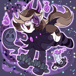 Size: 1843x1834 | Tagged: safe, artist:frowoppy, derpibooru import, oc, oc only, oc:illui, earth pony, pony, bat wings, brown mane, clothes, clown, clown makeup, costume, halloween, halloween 2021, halloween costume, holiday, horn, purple background, purple eyes, simple background, smiling, solo, wings