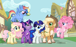 Size: 4866x3059 | Tagged: safe, artist:xkylanie, derpibooru import, applejack, fluttershy, pinkie pie, rainbow dash, rarity, twilight sparkle, twilight sparkle (alicorn), alicorn, earth pony, pegasus, pony, unicorn, alternate design, alternate universe, base used, female, mane six, mare, ponyville