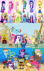 Size: 955x1538 | Tagged: safe, artist:smbros, derpibooru import, edit, applejack, fluttershy, pinkie pie, rainbow dash, rarity, twilight sparkle, twilight sparkle (alicorn), unicorn twilight, alicorn, earth pony, human, pegasus, pony, unicorn, equestria girls, my little pony: pony life, crossover, humane five, humane six, lego, mane six, minecraft, mr. krabs, patrick star, plankton, sandy cheeks, spongebob squarepants, spongebob squarepants (character), squidward tentacles