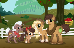 Size: 5308x3450 | Tagged: safe, artist:xkylanie, derpibooru import, apple bloom, applejack, big macintosh, granny smith, earth pony, pony, alternate design, alternate universe, apple, apple family, base used, female, filly, foal, food, male, mare, stallion, sweet apple acres, tree