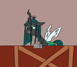 Size: 1236x1080 | Tagged: safe, artist:happy harvey, derpibooru import, queen chrysalis, changeling, changeling queen, cute, cutealis, dork, dorkalis, drawn on phone, drawthread, female, grin, mare, nervous, nervous grin, sign, smiling, spooky, stable