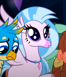 Size: 537x626 | Tagged: safe, derpibooru import, screencap, gallus, silverstream, yona, classical hippogriff, griffon, hippogriff, yak, uprooted, cropped, cute, diastreamies, dilated pupils, female, jewelry, necklace, offscreen character, solo focus