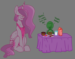 Size: 2812x2199 | Tagged: safe, artist:2hrnap, princess celestia, oc, oc:anon, oc:kid anon, alicorn, human, pony, apron, breakfast, clothes, duo, duo male and female, eyes closed, female, folded wings, food, gray background, grin, high res, human oc, male, momlestia, mother and child, mother and son, open mouth, open smile, parent and child, simple background, sitting, smiling, wings
