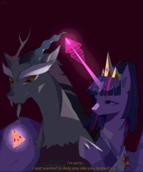 Size: 1328x1600 | Tagged: safe, alternate version, artist:clefficia, derpibooru import, editor:zcord, discord, princess twilight 2.0, twilight sparkle, twilight sparkle (alicorn), alicorn, draconequus, pony, the ending of the end, the last problem, twilight's kingdom, absurd file size, absurd gif size, animated, clothes, commission, crown, dialogue, dress, duo, duo male and female, ear piercing, earring, female, gif, glowing, glowing horn, high res, horn, jewelry, male, mare, medallion, older, older twilight, piercing, regalia, simple background, spread wings, story included, subtitles, teardrop, teary eyes, wings