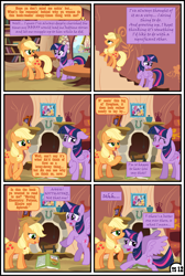 Size: 3254x4838 | Tagged: safe, artist:gutovi, derpibooru import, applejack, twilight sparkle, twilight sparkle (alicorn), alicorn, earth pony, pony, comic:why me!?, alternate ending, book, comic, embarrassed, female, fireplace, golden oaks library, hat, high res, lesbian, mare, shipping, show accurate, twijack